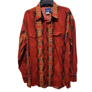 Vintage WRANGLER Red Geometric Aztex Western Shirt Pearl Snap Long Sleeve  XLT